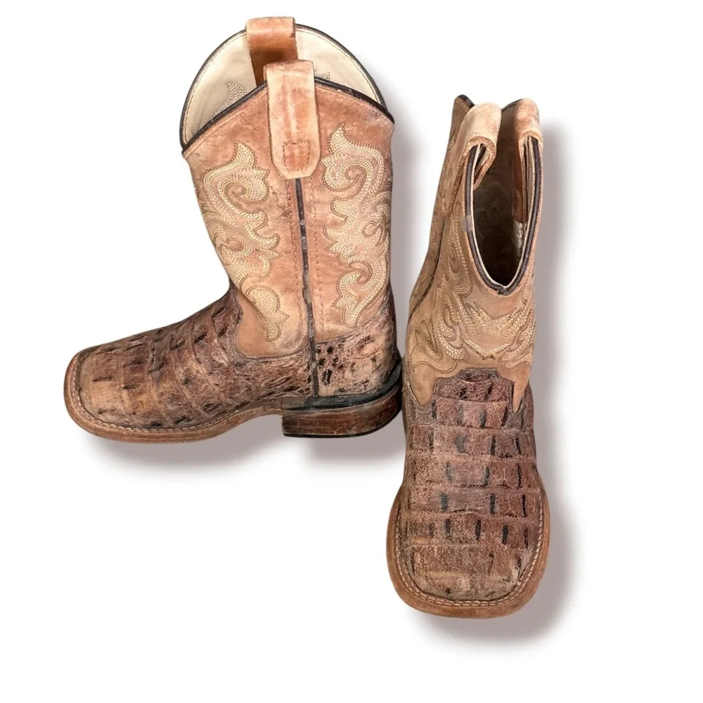 Old West Kids Faux Caiman Western Boots Tan Brown Size 8.5 D Cowboy Ranch